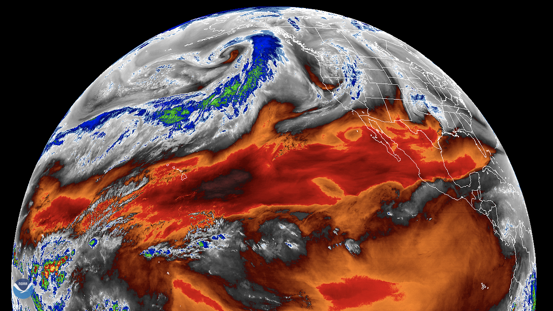 A satellite image of an atmospheric river event observed by GOES-17 Advanced Baseline Imager.
